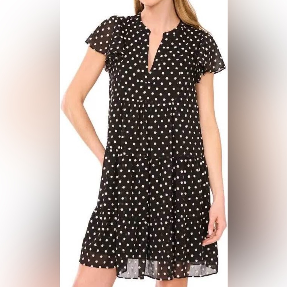 CeCe Black and White Floral Embroidered 100% Cotton Dress